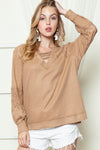 Pink Lace Waffle Knit Crisscross Straps V Neck Long Sleeve Top |Available in 2 Colors