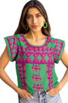 Magenta and Green Abstract Print Cap Sleeve Shirt