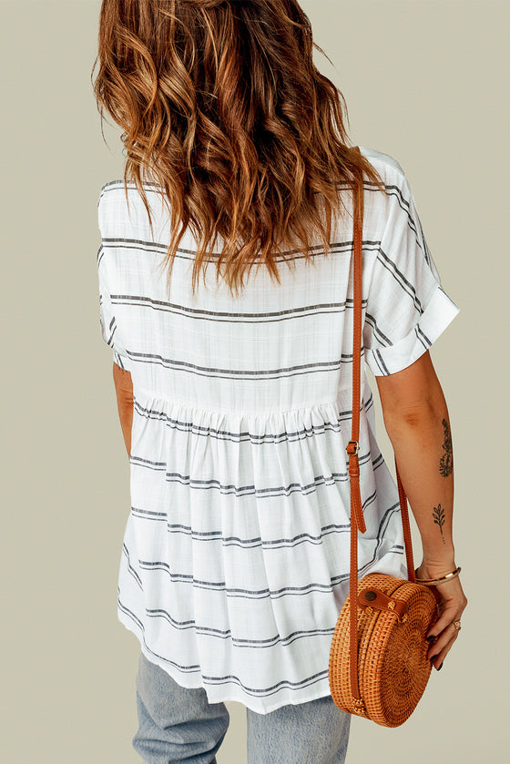 White Striped Print Casual Back Pleated Side Split Blouse | Available in 3 Colors