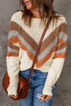 Beige Chevron Casual Drop Shoulder Knit Sweater