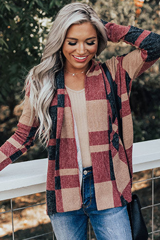 Red Plaid Casual Draped Open Front Cardigan