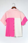 Hot Pink Color Block Short Sleeve Polo Blouse