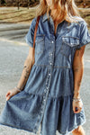 Blue Button Up Short Sleeve Denim Shirt Dress