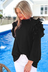 Rose Solid Button Keyhole Back Pleated Ruffle Trim Blouse | Available in Black