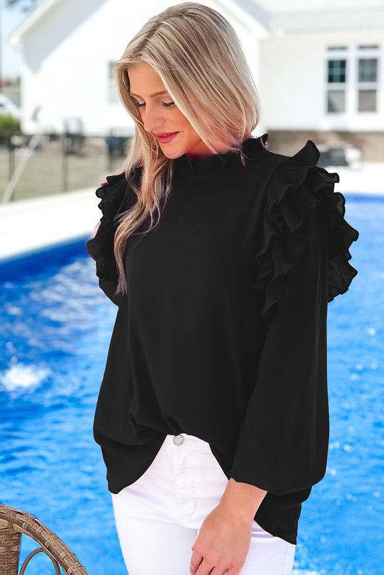 Rose Solid Button Keyhole Back Pleated Ruffle Trim Blouse | Available in Black