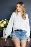 White Smocked Casual Textured Bishop Sleeve Blouse