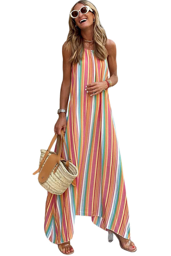 Bohemian Striped Colorblock Spaghetti Strap Sleeveless Maxi Dress