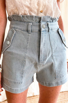  Beau Blue Ruffled High Waist Flap Pockets Denim Shorts