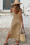 Black Stripe Print Open Back Sleeveless Maxi Dress With Slits