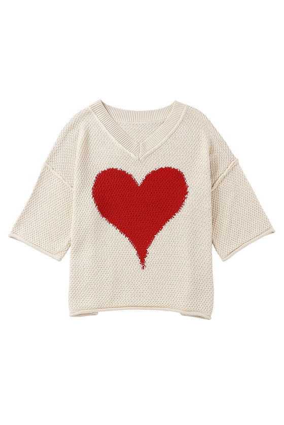 Beige Casual Heart Print Knit Sweater