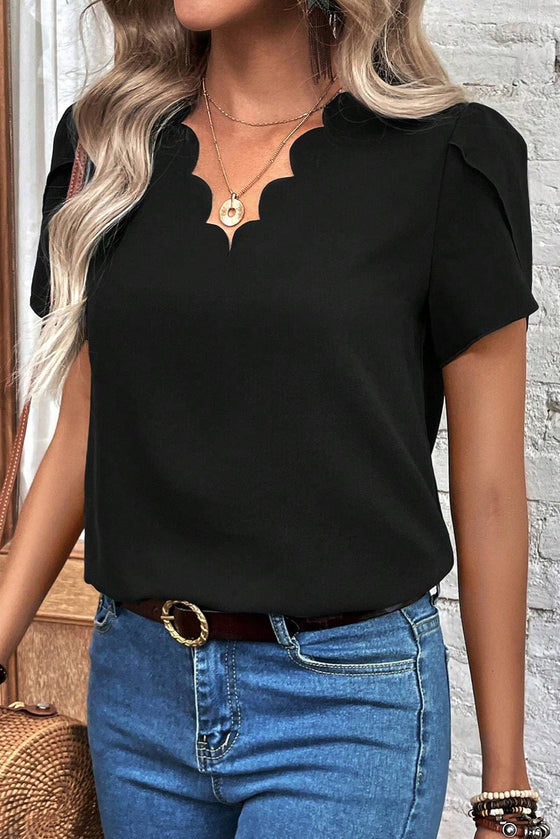 Black Scallop Trim Petal Sleeve Blouse