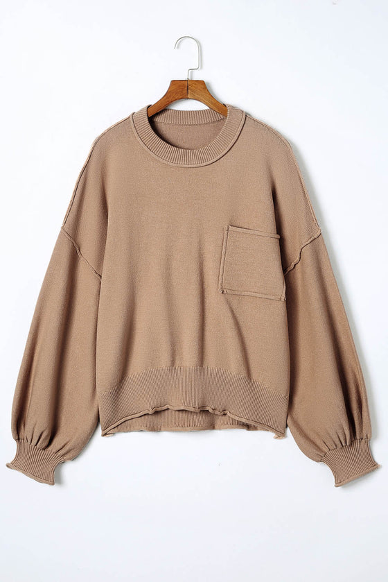 Apricot Raw Edge Pocket Exposed Seam Knitted Sweater