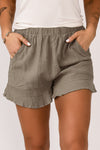 Khaki Casual Pocketed Ruffle High Waist Shorts