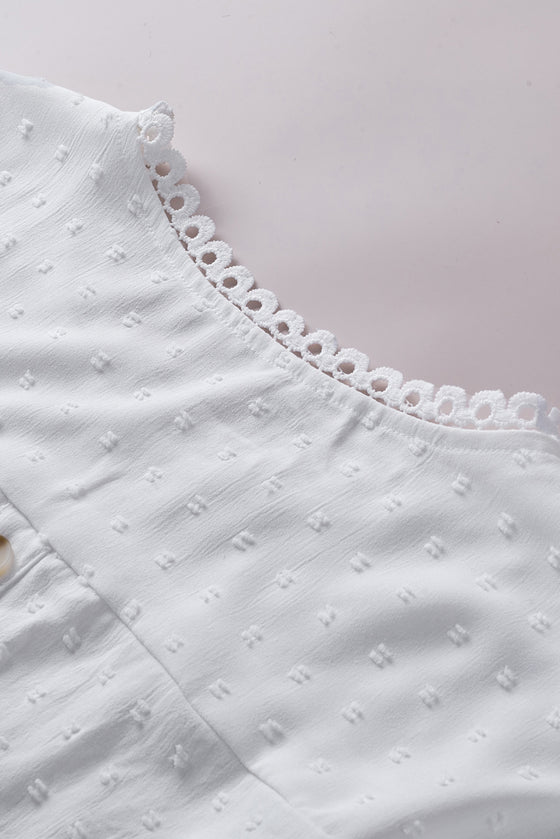 Apricot Swiss Dot Crochet Eyelet Back Button Detail Blouse | Available in 3 Colors