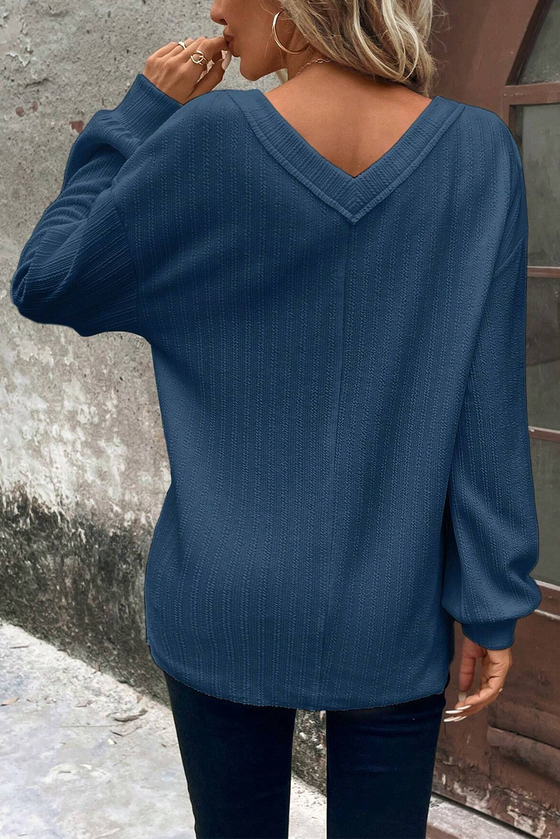 Indigo Textured V Neck Drop Sleeve Split Top