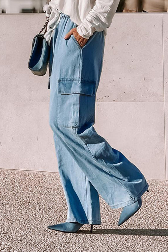 Sky-Blue Drawstring High Waist Cargo Pocket Wide Leg Jeans