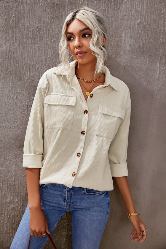 Beige Button Up Patch Pocket Corduroy Shacket | Available in 3 Colors