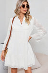 White Chevron Textured Notch Neck Mesh Tiered Dress