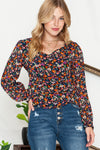 Black V Neck Bubble Sleeve Floral Blouse