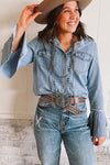 Sky Blue Bell Sleeve Denim Shacket with Chest Pockets