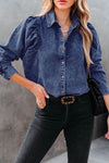 Dark Blue Rached Puff Sleeve Button-Up Denim Shirt