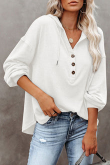  White Button Front Pullover Hooded Sweatshirt