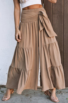  Khaki Lace Up Smocked Waist Tiered Wide Leg Pants