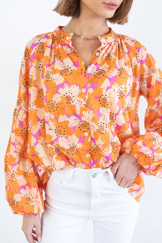 Orange Floral Print Loose Long Sleeve Blouse