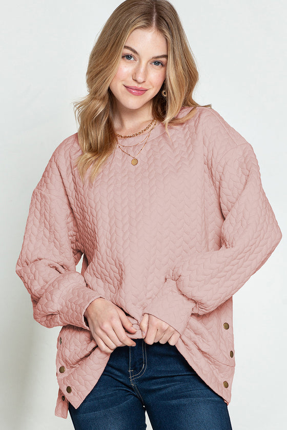 Black Quilted Snap Button Detail Drop Shoulder Sweatshirt | Available in Pink