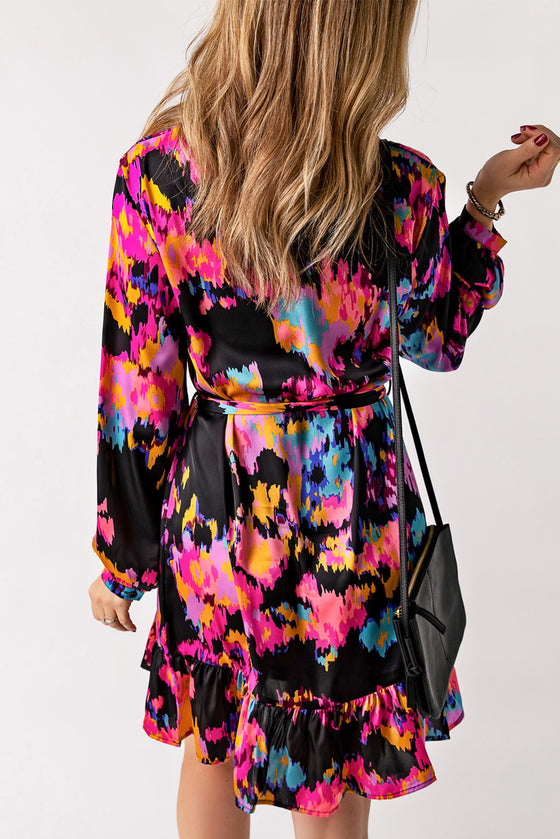 Abstract Print Waist Belted Long Sleeve Dress | Other Colors Available