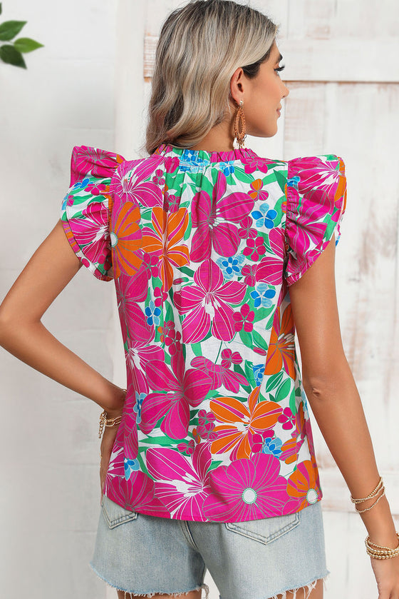 Multicolor Floral Print V Neck Ruffle Shoulder Blouse