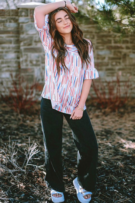 White Striped Abstract Print Ruffle Half Sleeve Blouse