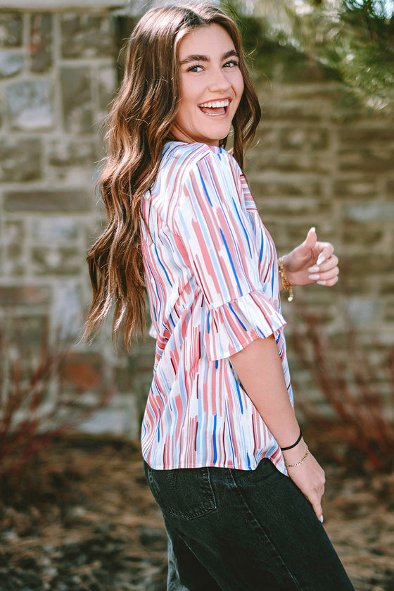 White Striped Abstract Print Ruffle Half Sleeve Blouse