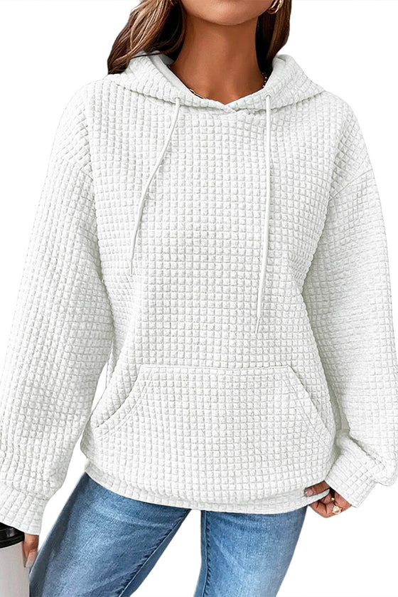 White Lattice Textured Kangaroo Pocket Drawstring Hoodie