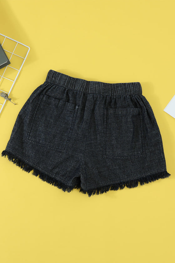 Black Drawstring Pocketed Frayed Hem Denim Shorts | Available in 3 Colors