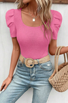 Black Scoop Neck Waffle Knit Puff Sleeve Top | Available in Pink