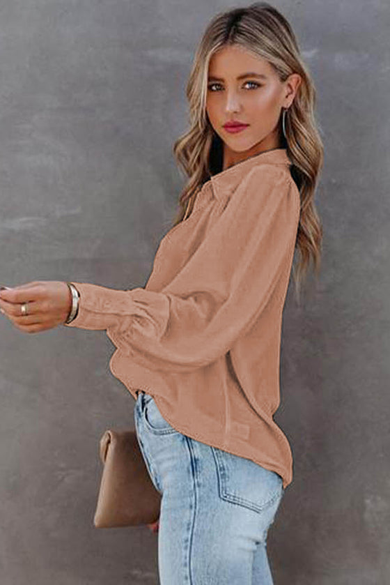 Khaki Solid Color Casual Button Up Puff Sleeve Pleated Shirt | Available in Other Colors