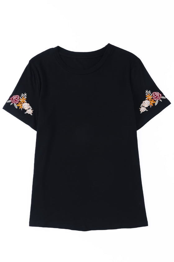 Black Casual Floral Embroidered T-Shirt