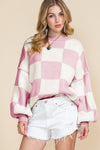 Pink Plaid Bishop Sleeve Pullover Sweater | Available in 3 Colors