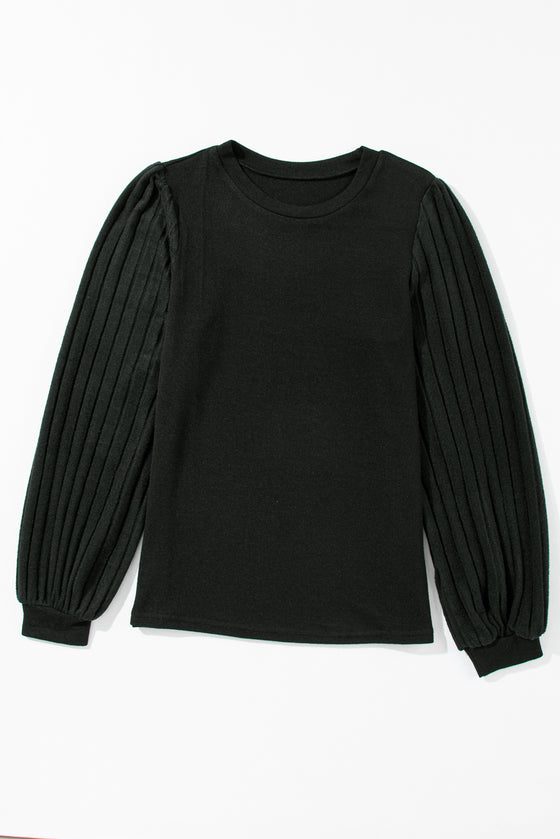 Black Contrast Ribbed Bishop Sleeve Top | Available in 3 Colors