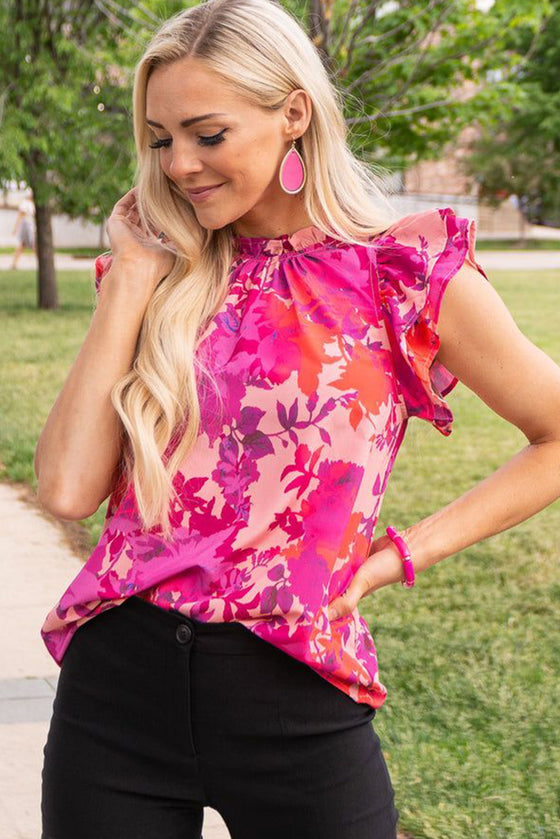 Pink Floral Blouse with Ruffled Sleeves