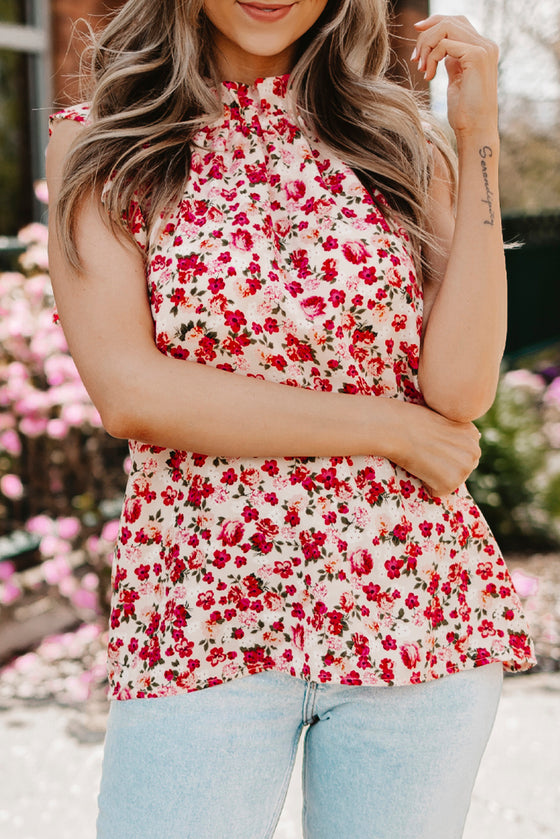 Red Floral Sleeveless Shirt