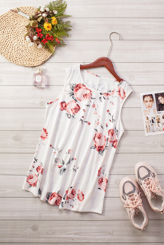 Floral Print Round Neck Casual White Tank Top