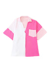 Hot Pink Color Block Short Sleeve Polo Blouse