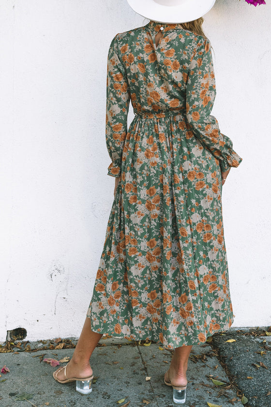 Green Frill Neck Boho Floral Print Pleated Belted Maxi Dress