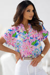 Pink Abstract Floral Print Split V Neck Top