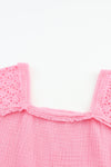 Pink Eyelet Patchwork Ruffle Frayed Crinkle Blouse