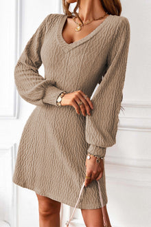  Beige Textured Knit V-Neck Bishop Sleeve Dress