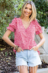 Pink Abstract Print V-Neck Blouse