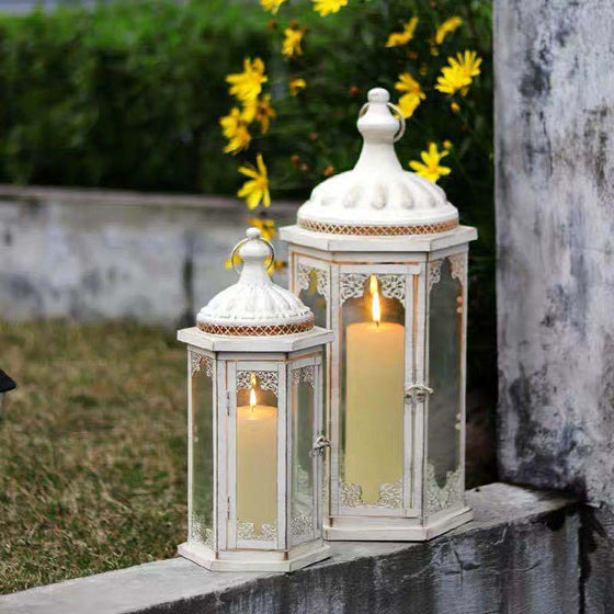 Wrought Iron Candle Lantern Set in Shabby Chic White Finish